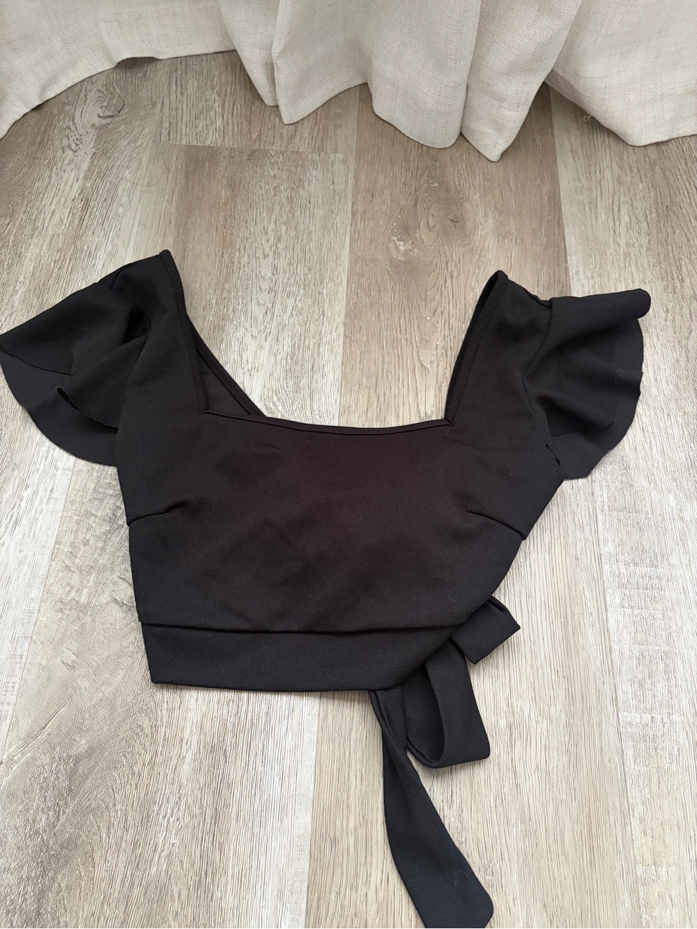 Black Ruffle Sleeve Wrap Crop Top - Women
